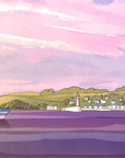 Illustration d'un paysage marin, où l'on voit la côte et un bateau s'y dirigeant. Extrait du film Moules-Frites de Nicolas Hu à retrouver dans le catalogue Tikino.