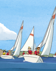 Illustration d'une course de bateaux tirée du court métrage Moules-Frites à visionner sur le projecteur Tikino.