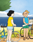 Deux petites filles, qui tiennent leur vélo à la main, se sourient dans cette illustration tirée du film Moules-Frites à voir sur Tikino, le projecteur pour enfants.