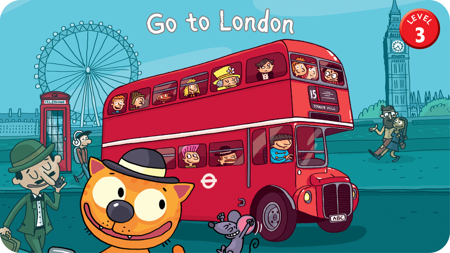 Illustration paysage londonien avec bus à deux étages, big ben, the london eye et le chat et la souris héros de J'apprends l'anglais avec Cat & Mouse sur Tikino