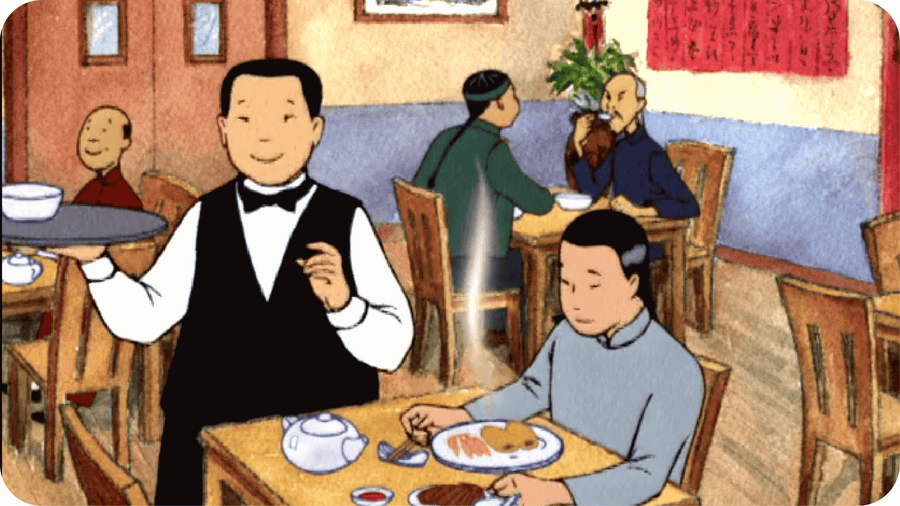 Serveur servant un client dans un restaurant en Chine. Illustration pour Des roses chantent sur la nouvelle neige, un conte disponible sur Tikino le projecteur pour enfants