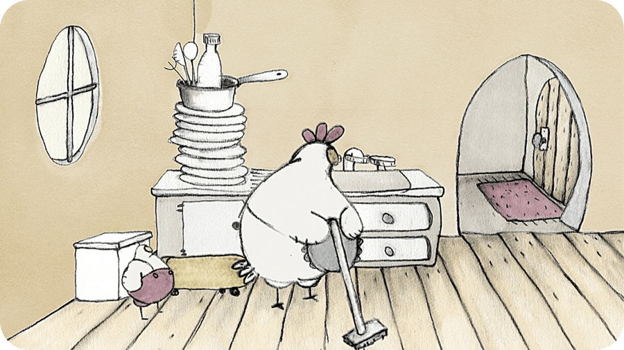 Poule faisant le ménage. Illustration pour le court métrage Chez Madame Poule disponible sur Tikino
