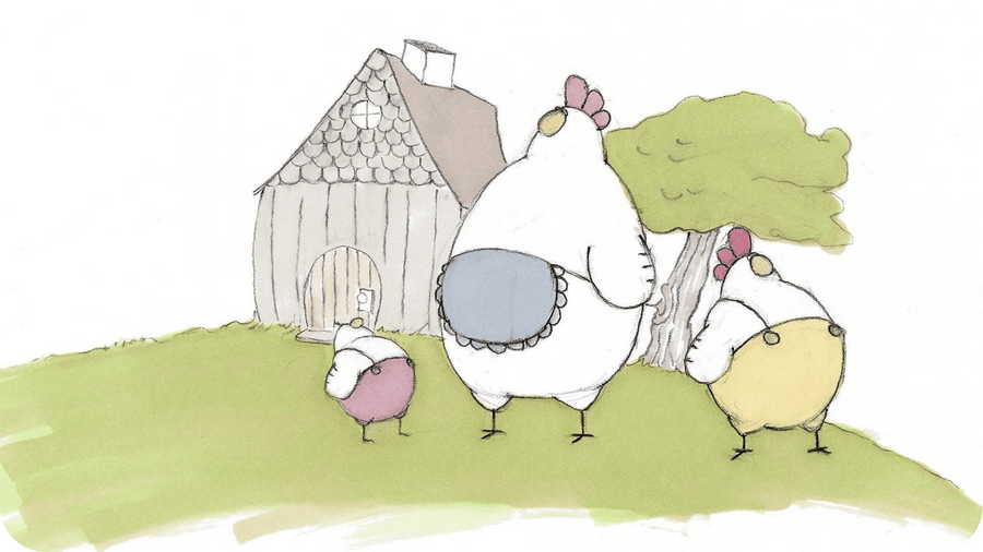 Poule dans son jardin avec ses poussins. Illustration pour le court métrage Chez Madame Poule disponible sur Tikino
