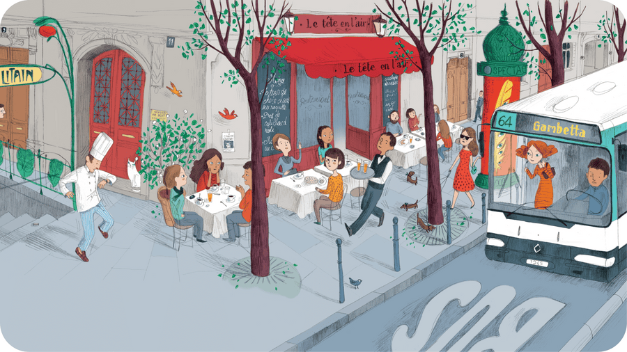 Personnes attablées a une terrasse de café et bus passant dans la rue. Marie de Paris, une histoire de la collection Viens voir ma ville disponible sur Tikino le projecteur pour enfant.