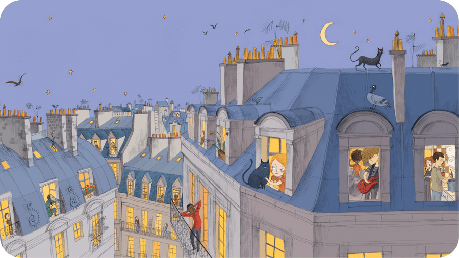 Vue de nuit sur les toits parisiens. Illustration pour Marie de Paris, une histoire de la collection Viens voir ma ville disponible sur Tikino le projecteur pour enfant.