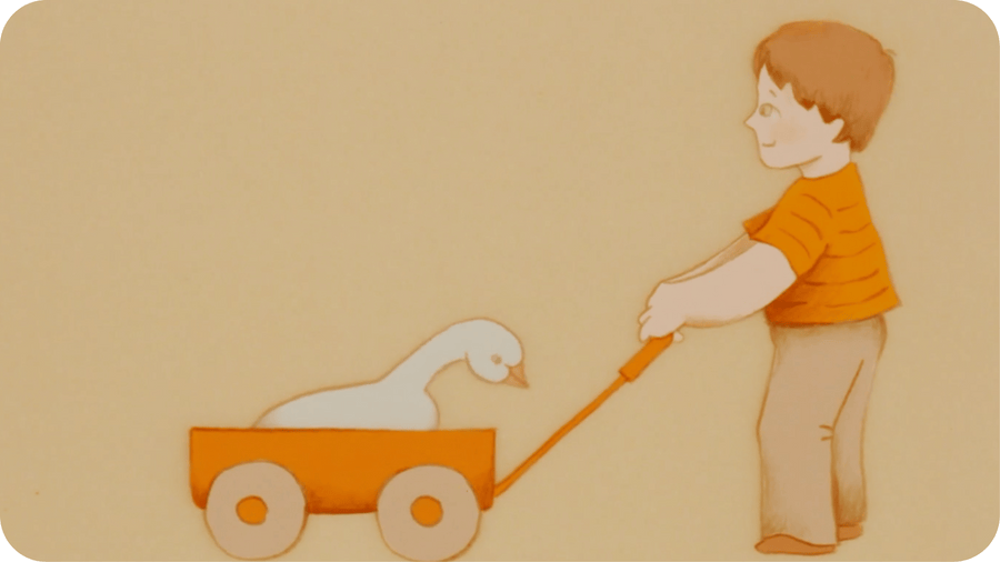 Petit garçon tirant une oie blanche dans un chariot. Illustration pour Le Petit garçon et l'oie des neiges sur Tikino