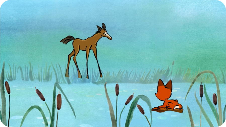 Un poulain et un renardeau près d'une rivière avec des roseaux. Illustration tirée de Premiers pas dans la forêt disponible sur Tikino.