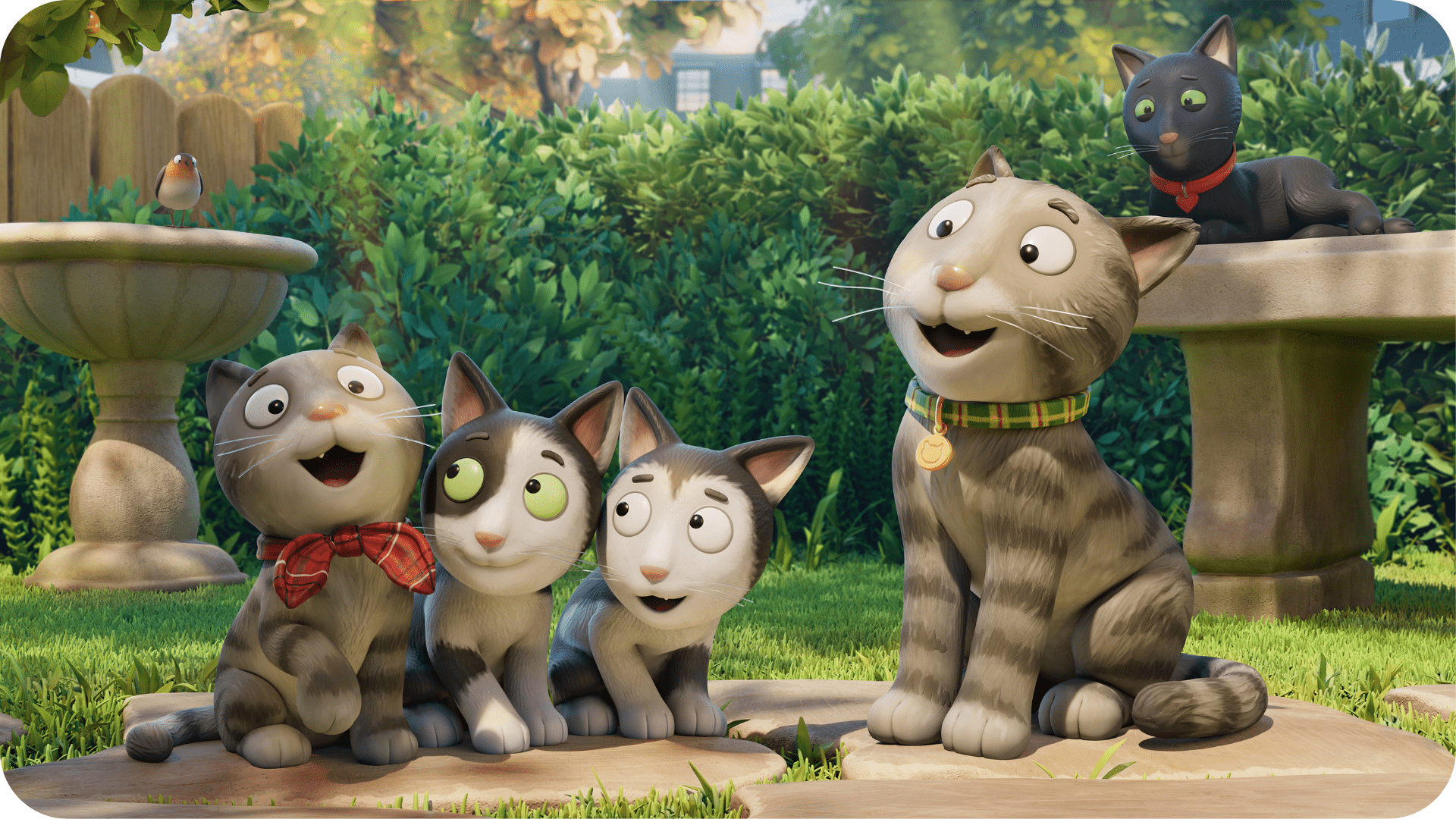 Visuel d'une famille de chats extrait du film MacPat le chat chanteur produit par Magic Light Pictures à retrouver sur Tikino.
