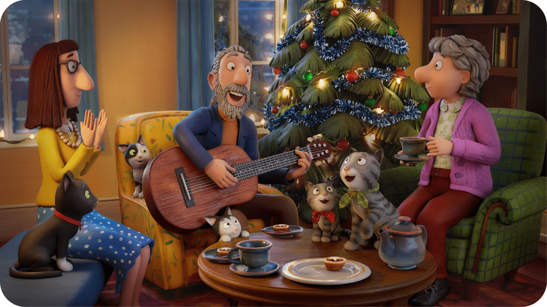 Une famille chante et prend le thé dans une ambiance de Noël dans cette illustration tirée du court métrage MacPat le chat chanteur, adaptation de l'album de Julia Donaldson et Axel Scheffler