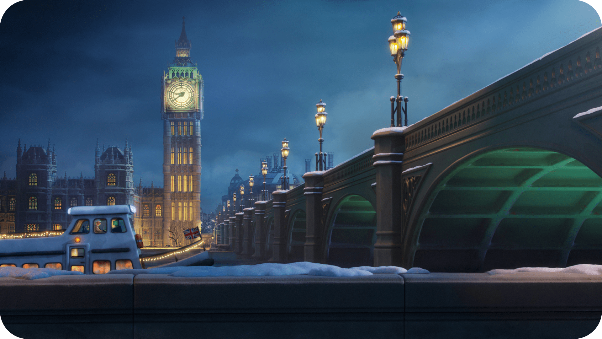 Visuel d'un paysage de Londres sous la neige extrait du film MacPat le chat chanteur disponible dans le catalogue Tikino.