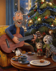 Une famille chante et prend le thé dans une ambiance de Noël dans cette illustration tirée du court métrage Tabby McTat, adaptation de l'album de Julia Donaldson et Axel Scheffler