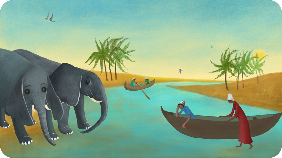 Deux éléphants boivent au bord du Nil, une illustration pour Mademoiselle Etoile, une série écologique de Tikino