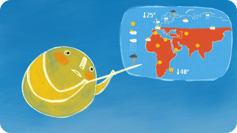 Le Soleil explique le réchauffement climatique, une illustration pour Mademoiselle Etoile, une série écologique de Tikino