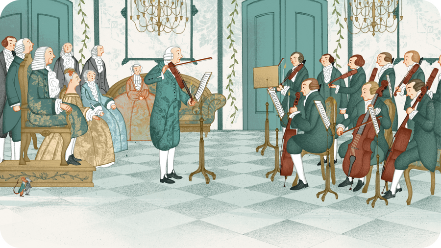 Orchestre et Haydn. Illustration pour Petites histoires de grands compositeurs volume 1 Mozart et Haydn sur Tikino le projecteur pour enfants