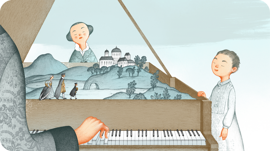 Main d'homme jouant du piano à queue, garçon et fille écoutant la mélodie jouée en imaginant les paysages italiens. Illustration de Tchaikovski petites histoires de grands compositeurs disponible sur Tikino