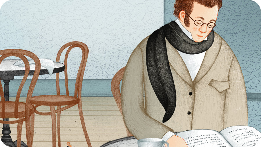 Franz Schubert lisant attablé dans un café. Illustration pour Petites Histoires de grands compositeurs volume 3 disponible sur Tikino