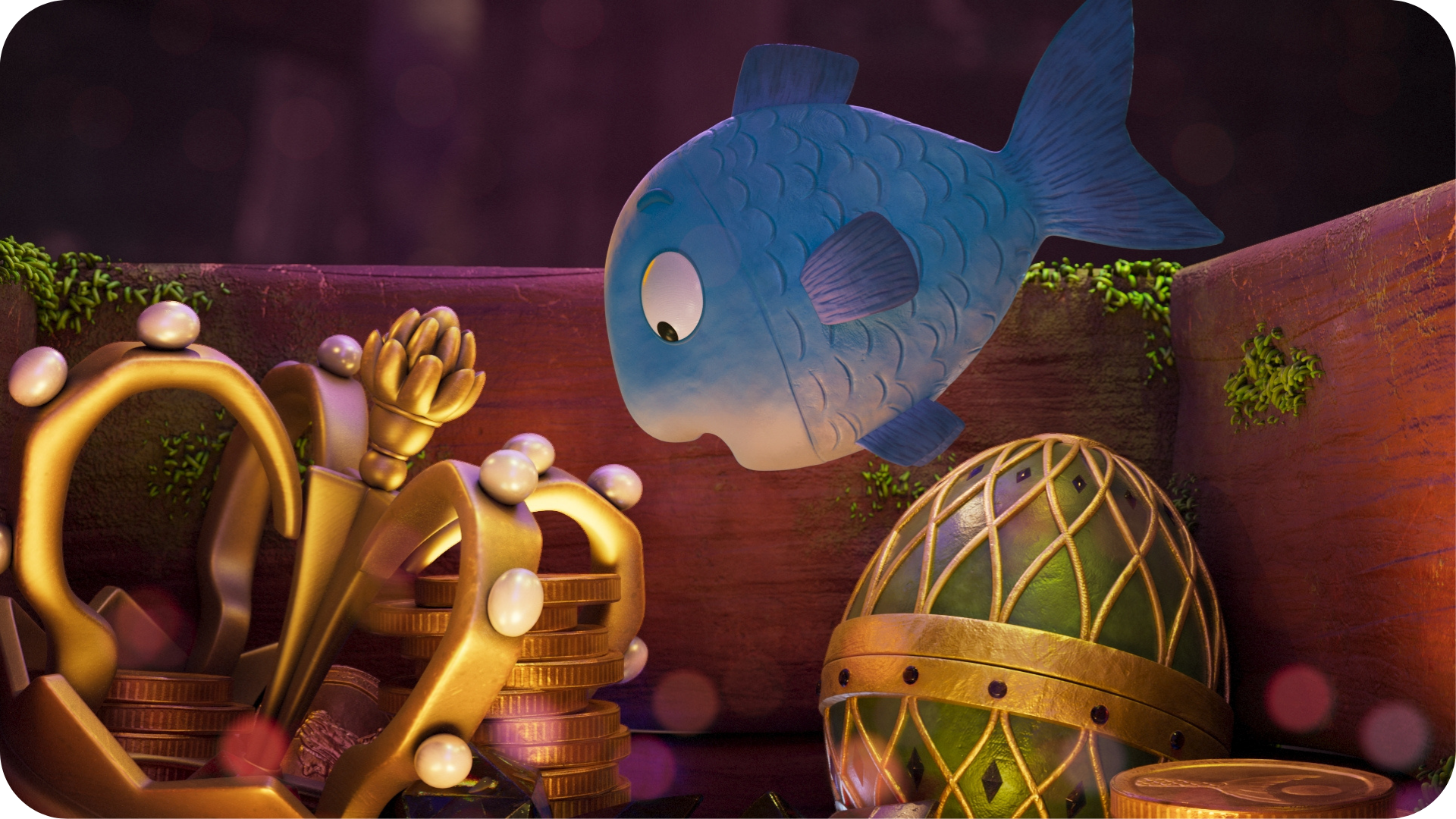 Un poisson s'émerveille devant un trésor sous-marin dans cette illustration extraite du film Tiddler produit par Magic Light Pictures.
