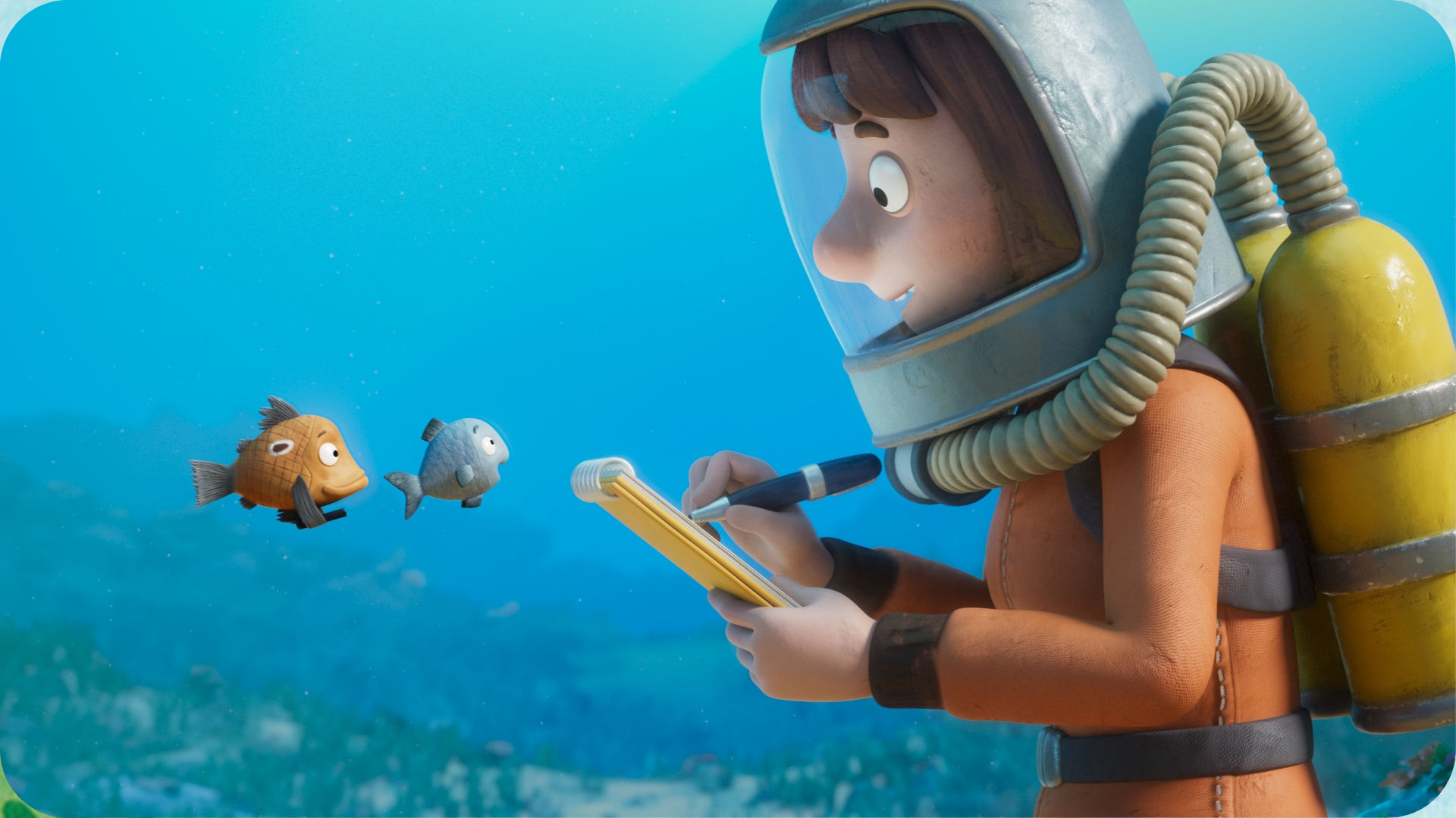 Visuel montrant une femme en tenue de scaphandre prenant des notes en écoutant deux poissons, extrait du court métrage Tiddler, adaptation de l'album jeunesse de Julia Donaldson et Axel Scheffler.