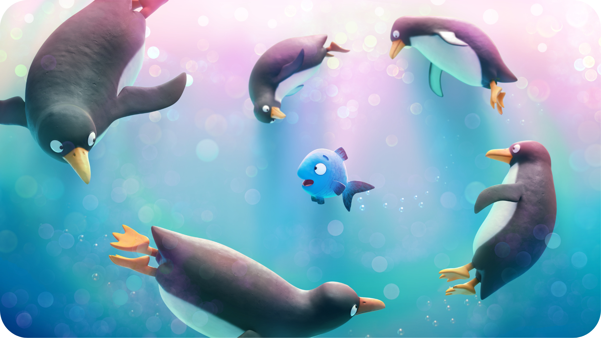 Un poisson bleu se trouve au centre d'une ronde dansante menée par plusieurs pingouins, dans ce visuel tiré du film Tiddler disponible dans le catalogue Tikino.
