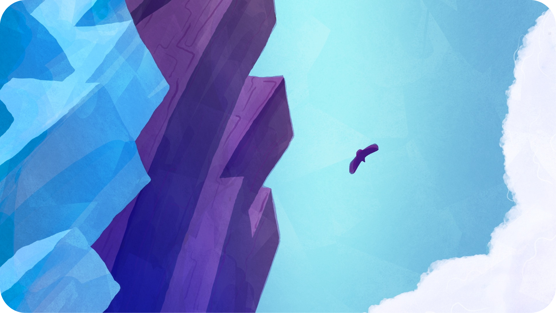 Un aigle dans les tonalités violettes vole haut dans le ciel dans ce visuel extrait du court métrage l'Aigle et le Roitelet à retrouver sur Tikino