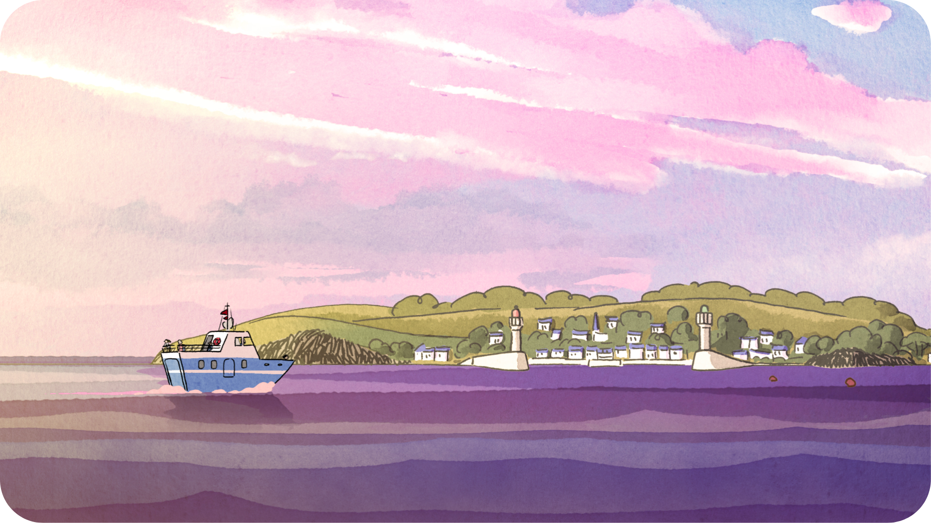Illustration d'un paysage marin, où l'on voit la côte et un bateau s'y dirigeant. Extrait du film Moules-Frites de Nicolas Hu à retrouver dans le catalogue Tikino.