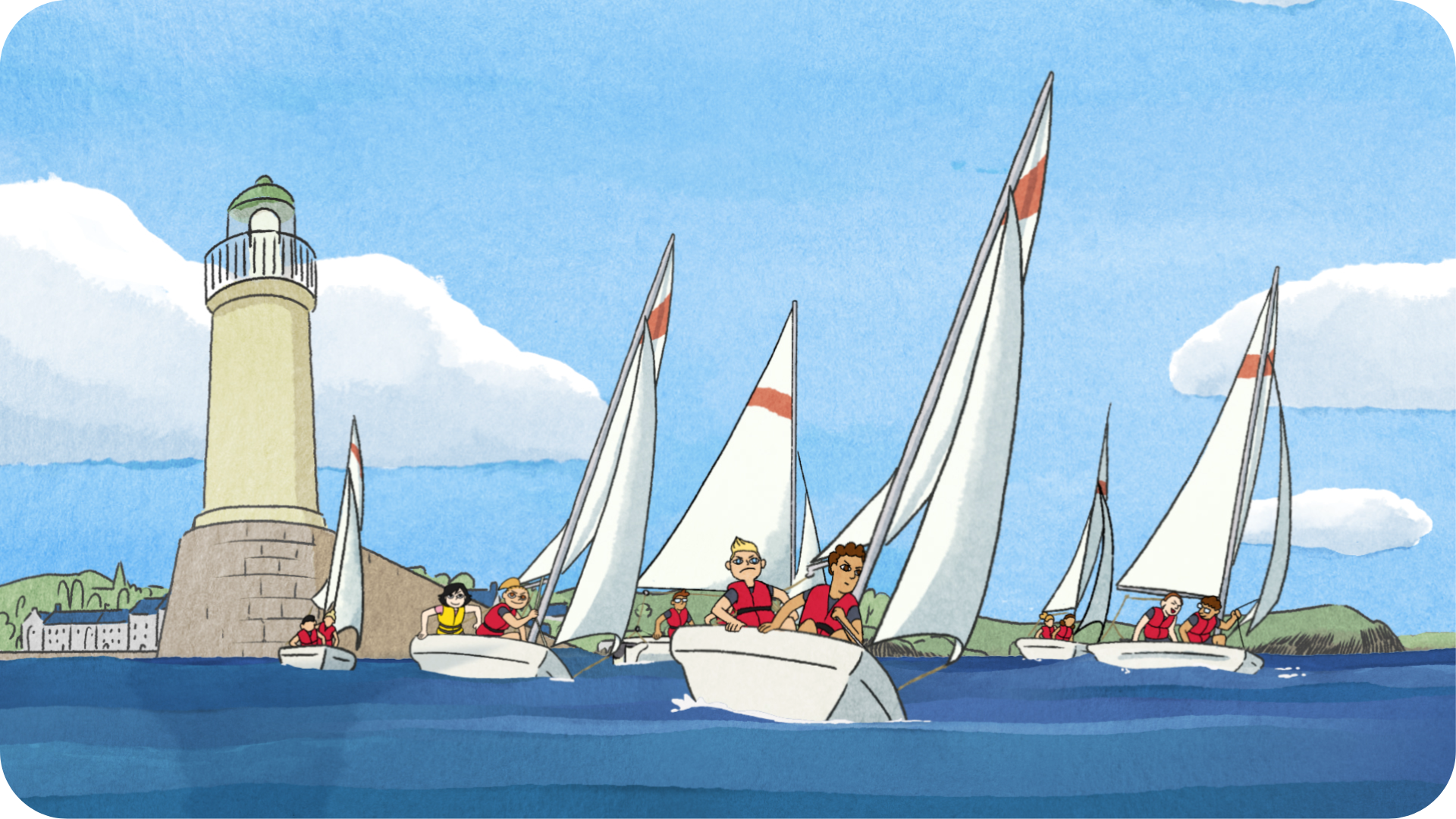 Illustration d'une course de bateaux tirée du court métrage Moules-Frites à visionner sur le projecteur Tikino.