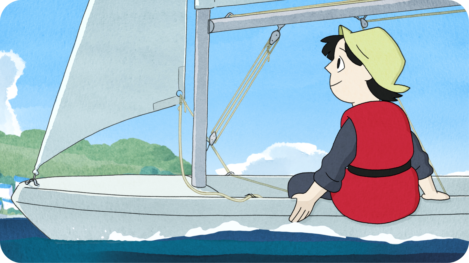 Une petite fille avec un gilet de sauvetage et un chapeau fait du catamaran dans ce visuel extrait du court métrage Moules-Frites produit par Miyu.
