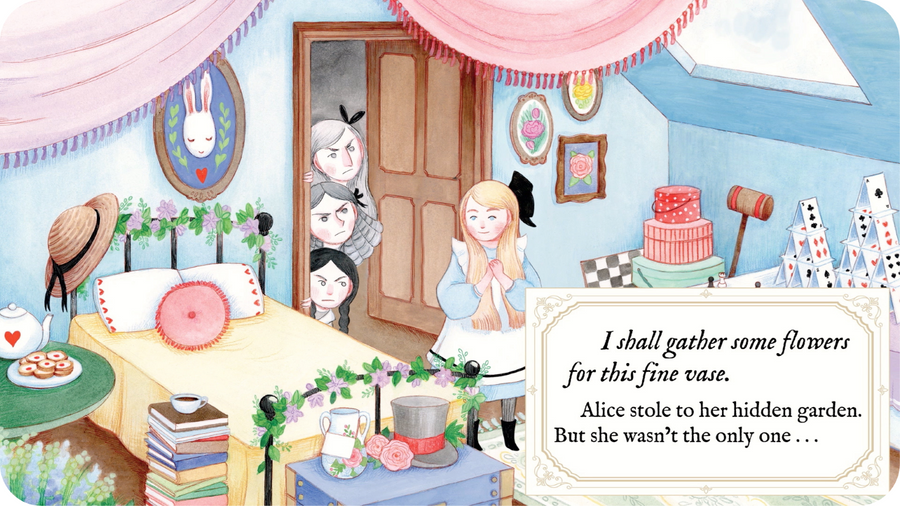 Alice est espionnée par les autres filles du pensionnat. Illustration pour Alice's Magic Garden sur Tikino en partenariat avec Vooks