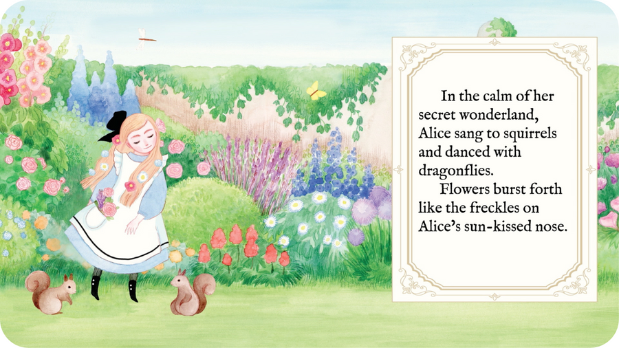 Alice dans le jardin entourée de fleurs et deux écureuils. Illustration pour Alice's Magic Garden sur Tikino en partenariat avec Vooks