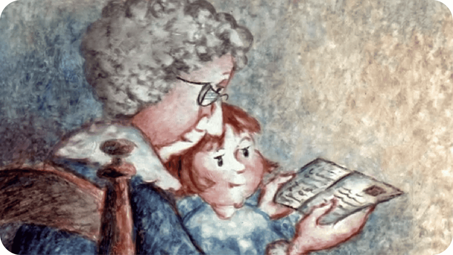 Petite fille lisant une lettre avec sa grand-mère. Illustration pour Avec Grand-Mère, court métrage canadien disponible sur Tikino la conteuse qui fait voir les choses en grand
