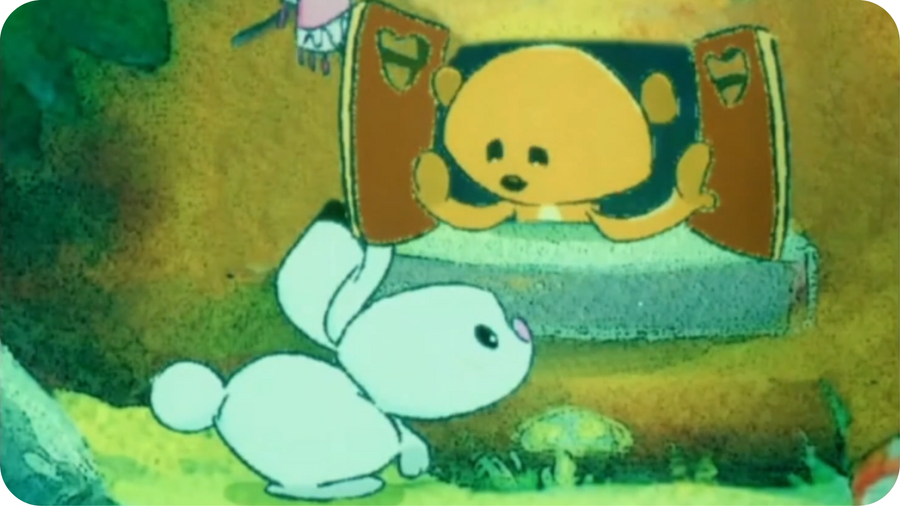 Un écureuil ouvre ses volets et fait face à un lapin blanc dans une illustration tirée du court métrage C'est moi qui l'ai touvé !