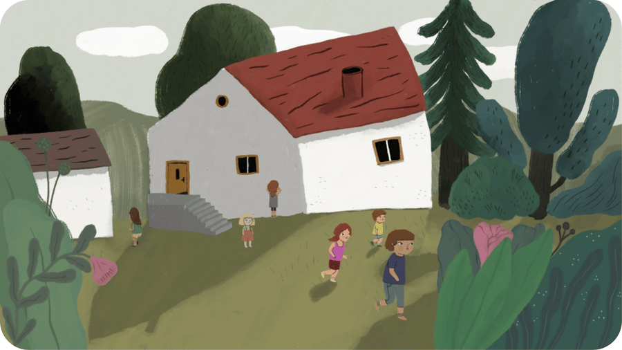 Enfants jouant dehors devant une maison blanche au toit rouge. Illustration extraite de cache cache, disponible sur Tikino