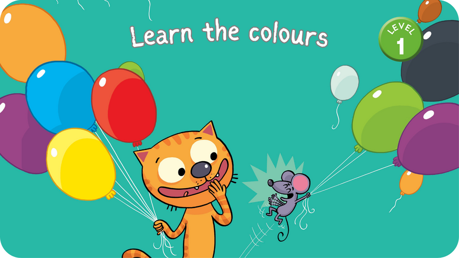 Chat et souris portent des ballons de toutes les couleurs, learn the colours niveau 1 de j'apprends l'anglais avec Cat & mouse sur Tikino