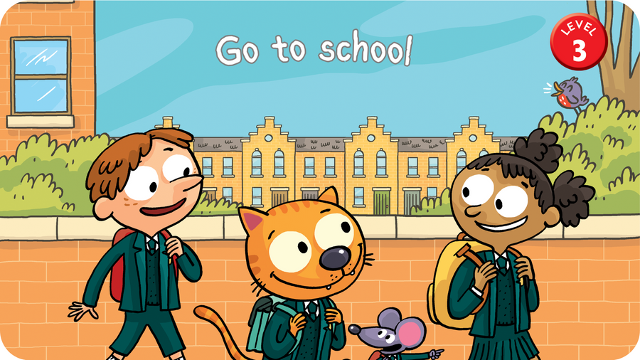 Chat et souris font leur rentrée à l'école avec 2 enfants. illustration pour Go to school un épisode de J'apprends l'anglais avec Cat and Mouse sur Tikino