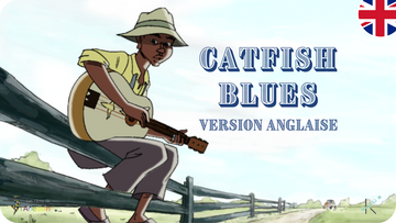 Guitariste perché sur une barrière en Louisiane, illustration pour Catfish blues en anglais disponible sur Tikino la boite à histoire qui fait voir les choses en grand