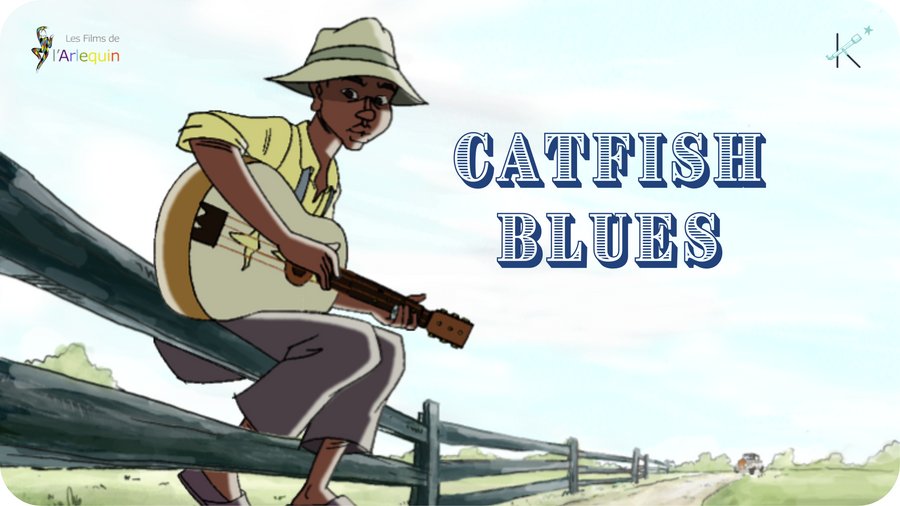 Jaquette Catfish Blues, enfant portant un chapeau jouant de la guitare sur une barrière. Un court métrage les films de l'arlequin pour Tikino