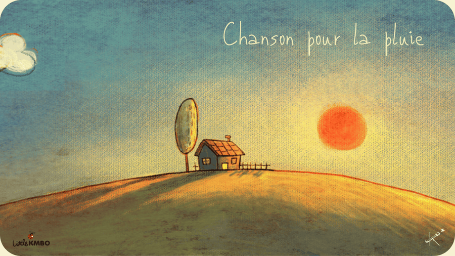 Jaquette du court métrage Chanson pour la pluie représentant une maison sur une colline et dans le ciel, un soleil rouge. Disponible dans le catalogue Tikino.