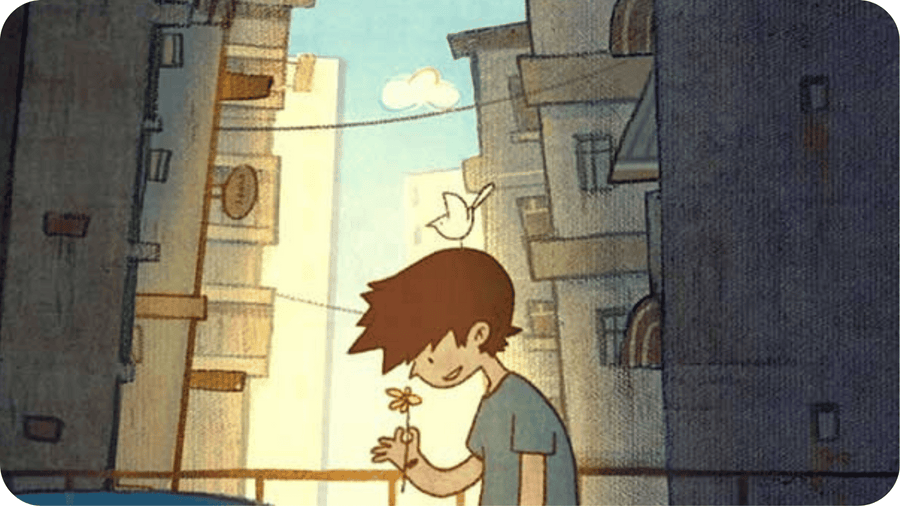 Un jeune garçon sent le parfum d'une fleur, un oiseau sur la tête, entouré d'immeubles. Illustration tirée du court métrage Chanson pour la pluie disponible sur Tikino la boîte à histoires qui fait voir les choses en grand.