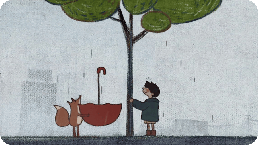 Un jeune garçon et un renard recueille de l'eau de pluie dans un parapluie. Chanson pour la pluie, un court métrage à retrouver sur le projecteur Tikino.