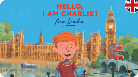 Petit garçon anglais aux cheveux roux saluant devant un paysage de Londres : Big Ben et bus à deux étages. Jaquette pour Hello I am Charlie from London disponible sur Tikino, l'alternative aux écrans des 3-10 ans
