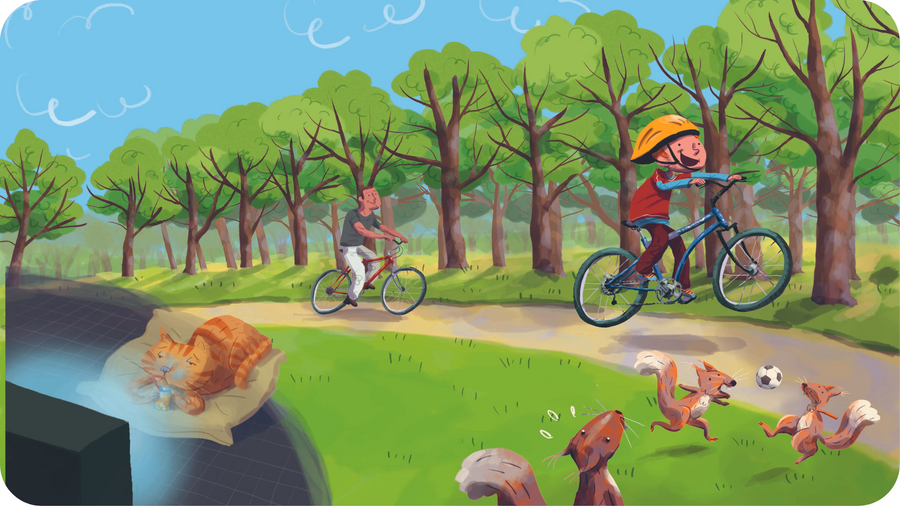 Enfant faisant du vélo dans un parc, écureuils jouant au foot. Illustration pour Hello I am Charlie from London disponible sur Tikino. Une adaptation du Livre CD Abc Melody