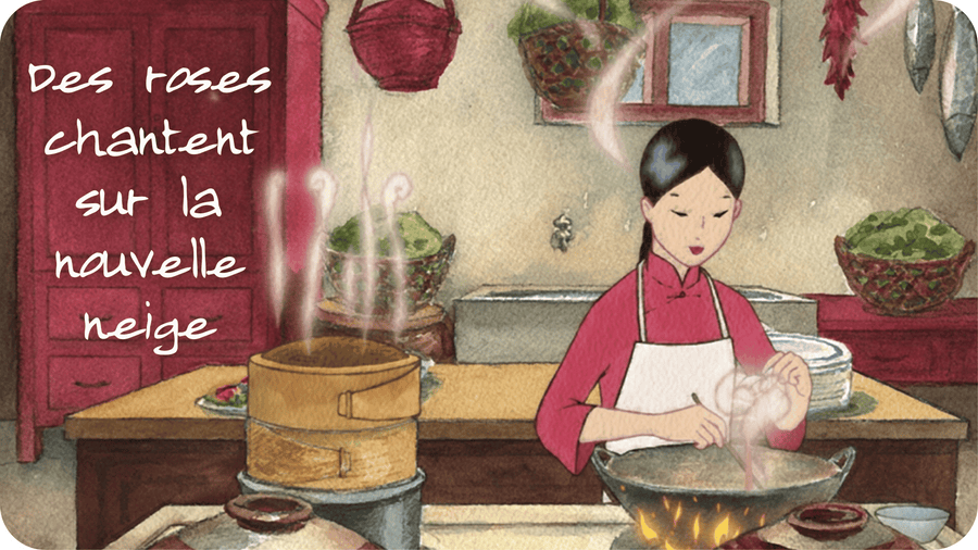 Jeune fille chinoise préparant la cuisine. Illustration pour Des roses chantent sur la nouvelle neige, un conte disponible sur Tikino le projecteur pour enfants