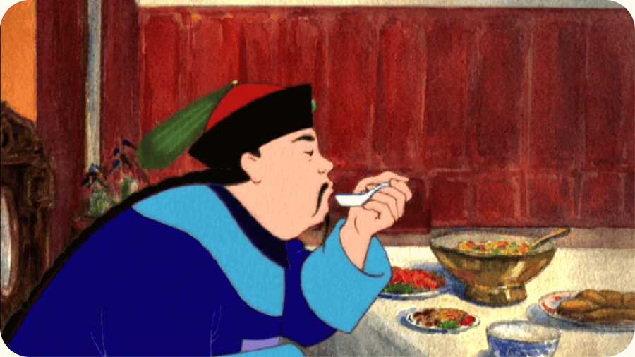 Homme de Chine mangeant une soupe. Illustration pour Des roses chantent sur la nouvelle neige, un conte disponible sur Tikino le projecteur pour enfants