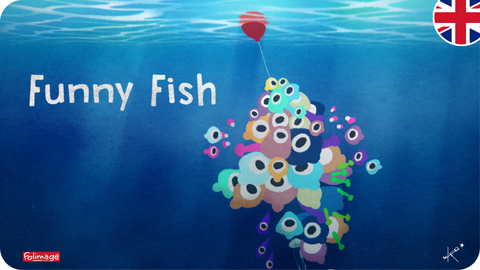 Jaquette du court métrage Funny Fish, version anglaise du film Drôle de poisson, montrant un banc de poissons tentant de tirer dans la mer un ballon rouge.