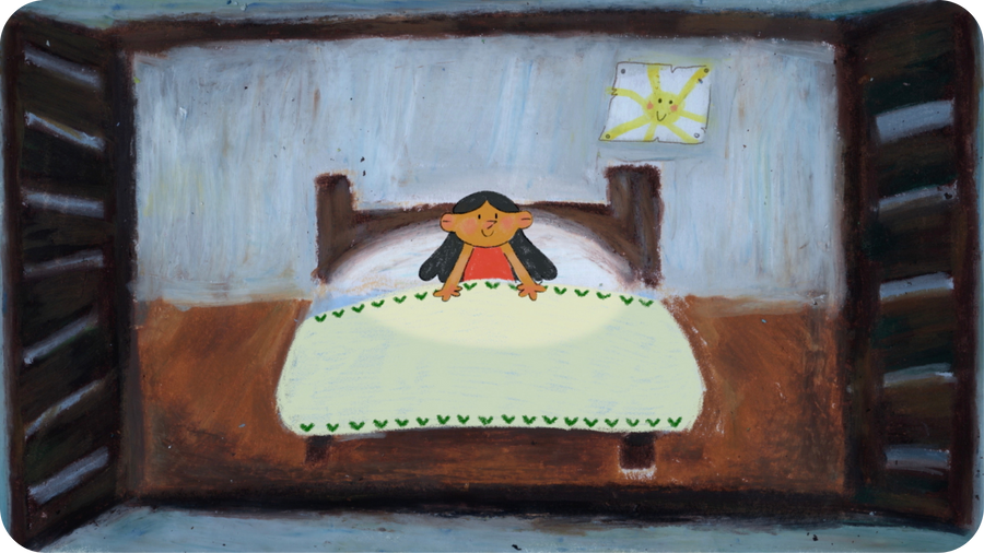 Dans cette illustration du poème Epreuves du matin d'Andrée Chedid, une petite fille se réveille souriante dans son lit. Ce court métrage est à retrouver dans le volume 2 de la collection En sortant de l'école disponible sur Tikino.