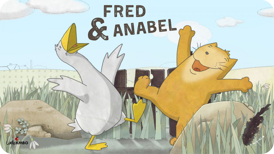 Chat de ferme et Oie migratrice rient ensemble. Illustrations pour Fred et Anabel, court métrage disponible sur Tikino, la boite à histoires qui fait voir les choses en grand