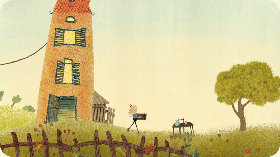Monsieur Philodendron porte une caisse en bois devant sa haute maison, illustration pour court métrage extrait du volume 2 d'histoires courtes sur Tikino
