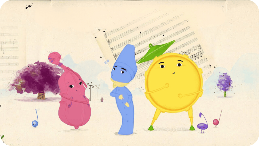 Instruments de musique aux couleurs acidulées. Illustration pour Piccolo Concerto du catalogue Tikino