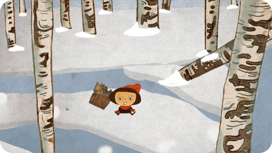 Petit fille dans la neige avec des morceaux de bois. Illustration pour Bienvenue chez moi, Histoires Courtes volume 2 du catalogue Tikino