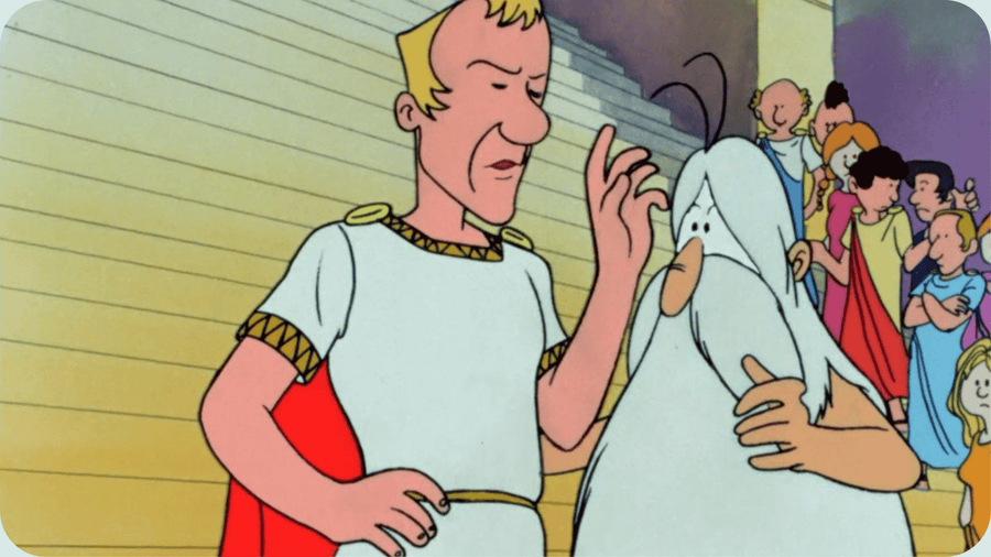 César et Maestro sur les marches du Sénat, illustration issue de l'épisode Pax Romana de Il Etait une fois... l'homme sur Tikino